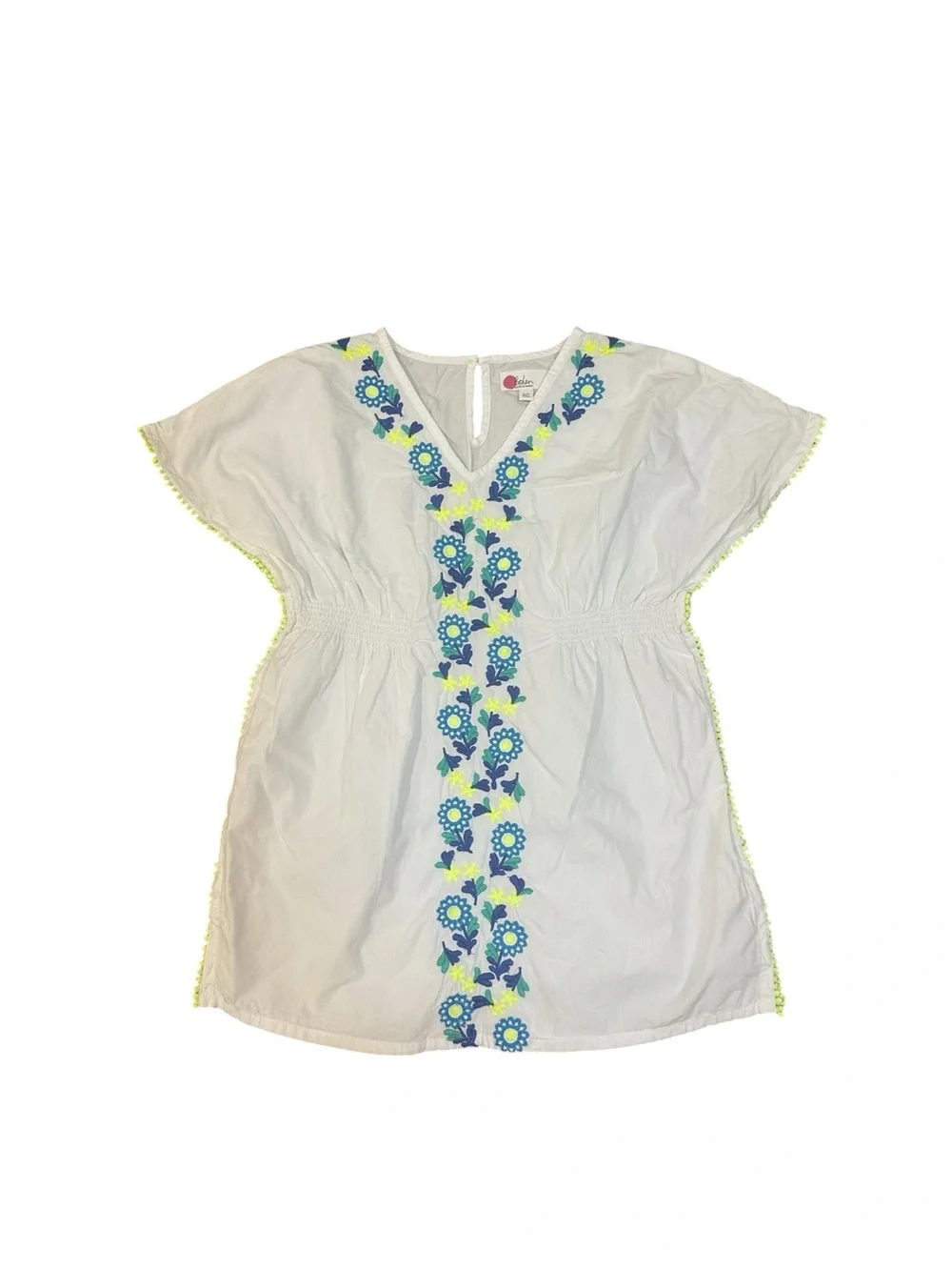 Mini Boden Girls Swimsuit Coverup Pop-Pom Trim White Blue Green Yellow Size 6-7Y